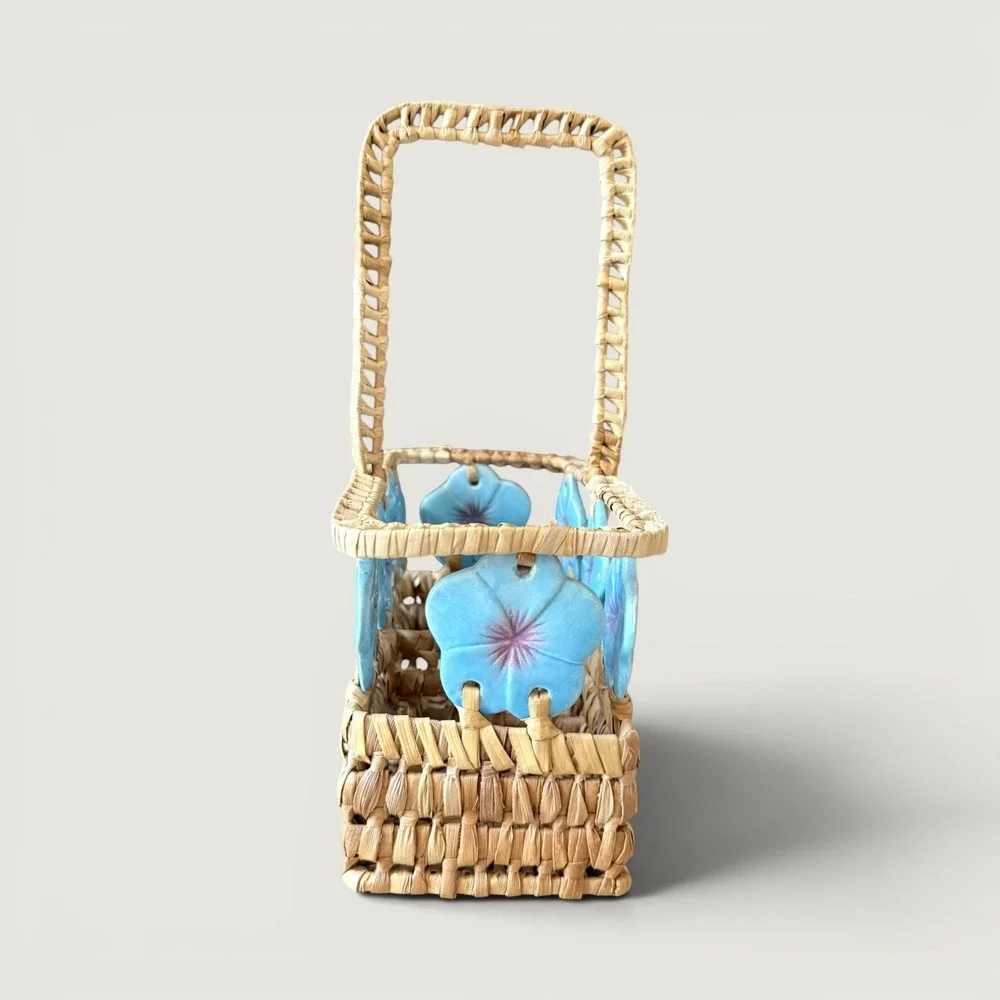 Vintage Woven Straw Basket Ceramic Blue Morning Glory Flowers Bohemain Caddy